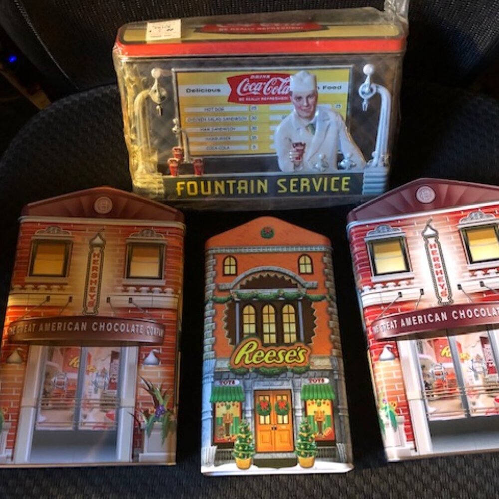 LIKE NEW FOUR HERSEY & COCA COLA TINS